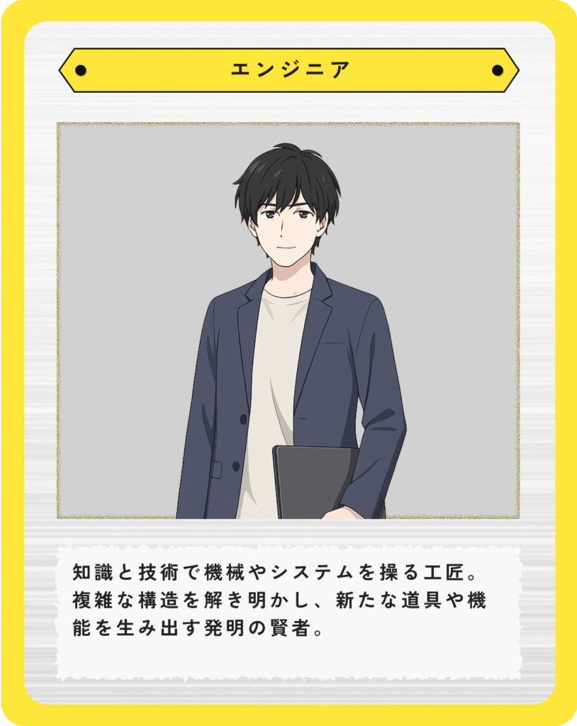 エンジニア:知識と技術で機械やシステムを操る工匠。複雑な構造を解き明かし、新たな道具や機能を生み出す発明の賢者。